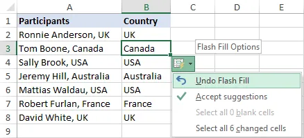 Excel Flash Fill options