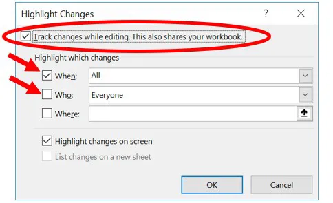 Highlight Changes options in Microsoft Excel