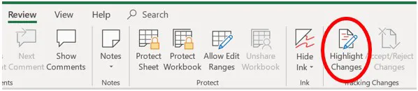 Highlight Changes option in Microsoft Excel 2019