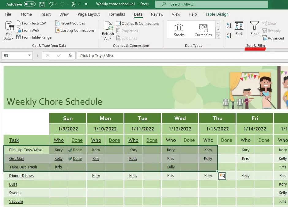Screenshot of highlighted cells and underlined Sort & Filter in an Excel spreadsheet.