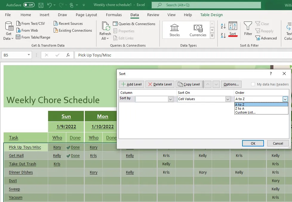 Screenshot of highlighted cells and Sort underlined with sorting options menu open in an Excel spreadsheet.