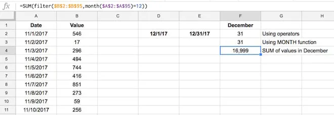 Google Sheets Filter function with sum