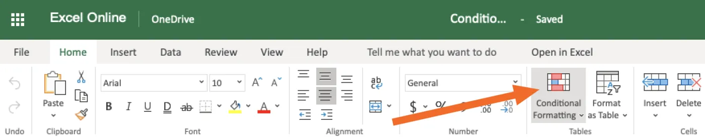 Conditional formatting button in Home section