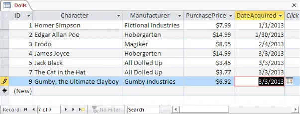 An Access user has been on an eBay buying binge and needs to add several doll records. With a quick Ctrl+ keystroke, you can copy the date from the previous record into the DateAcquired field of the new record.