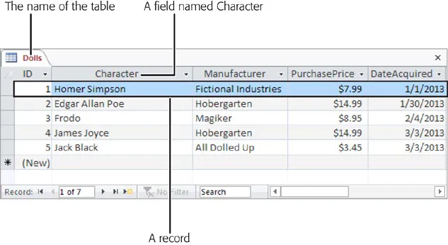 In a table, each record occupies a separate row. Each field is represented by a separate column. In this table, its clear that youve added five bobblehead dolls. Youre storing information for each doll in five fields (ID, Character, Manufacturer, PurchasePrice, and DateAcquired).
