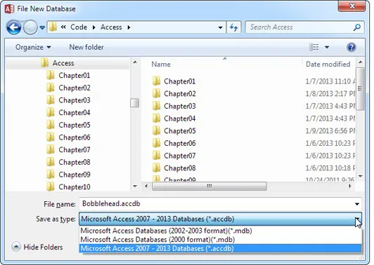 The File New Database window lets you choose where youll store a new Access database file. It also gives you the option to create your database in the format used by older versions of Access (.mdb), instead of the more modern format used by Access 2007, Access 2010, and Access 2013 (.accdb). To change the format, simply choose the corresponding Access version from the Save as type list, as shown here.