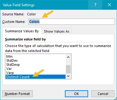Pivot table unique count value field settings