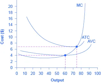 The graph shows marginal cost as an upward-sloping curve, and average variable cost and average total cost as U-shaped curves.
