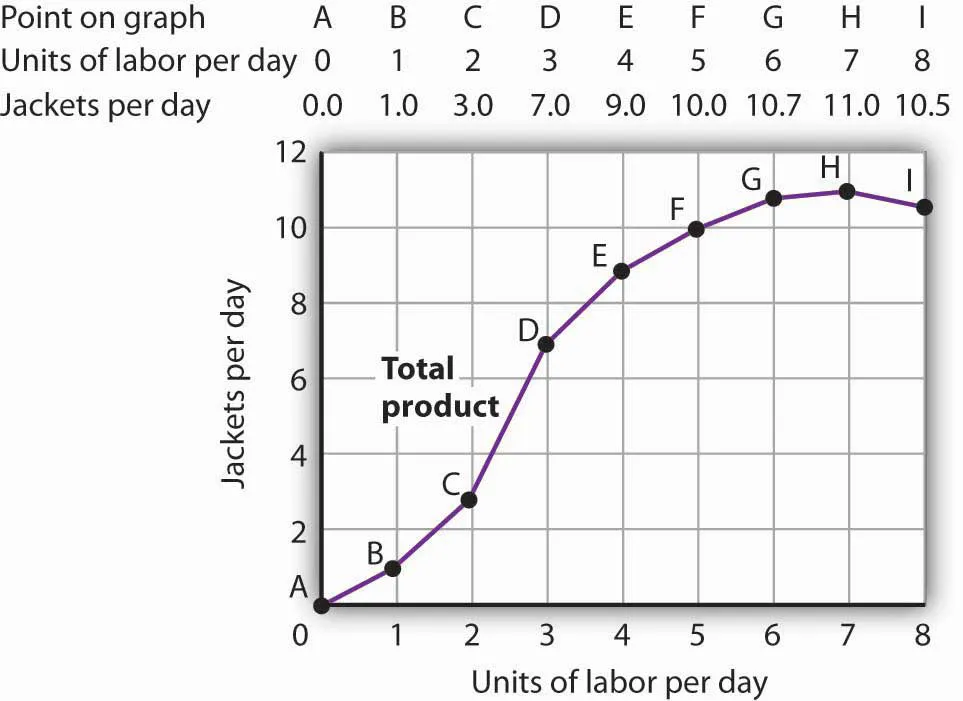 The Total product curve showing the number of jackets per day that the company could produce on the y-axis (either 2, 4, 6, 8, 10, or 12), and the units of labor per day on the x-axis (numbers 0 through 8). The curve rises upward but each additional unit brings fewer jackets, especially after 4. At 7 units of labor per day, the amount of jackets per day begins to decrease.
